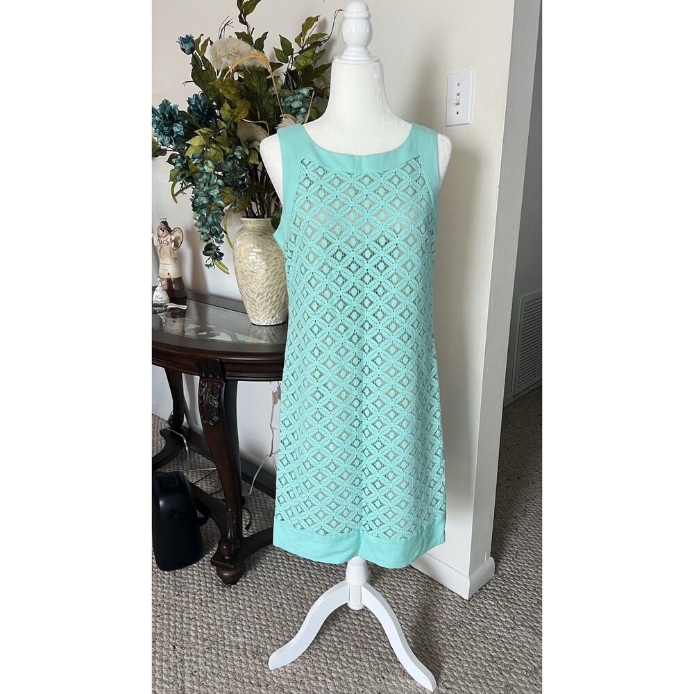 Eliza J Mint Green Geometric Lace Shift Dress 10 Aqua Sleeveless Overlay Sheath